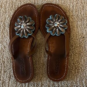 Mystique Boutique Brown Sandals with Blue Floral Design